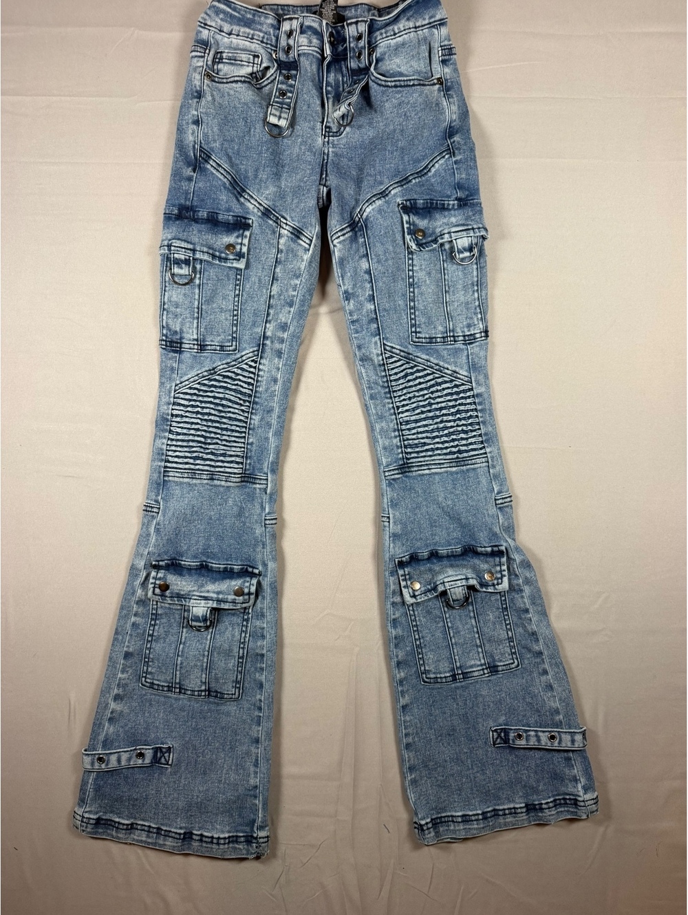 Social Collision Acid Wash Moto Flare Jeans Size 3 Blue Cargo
